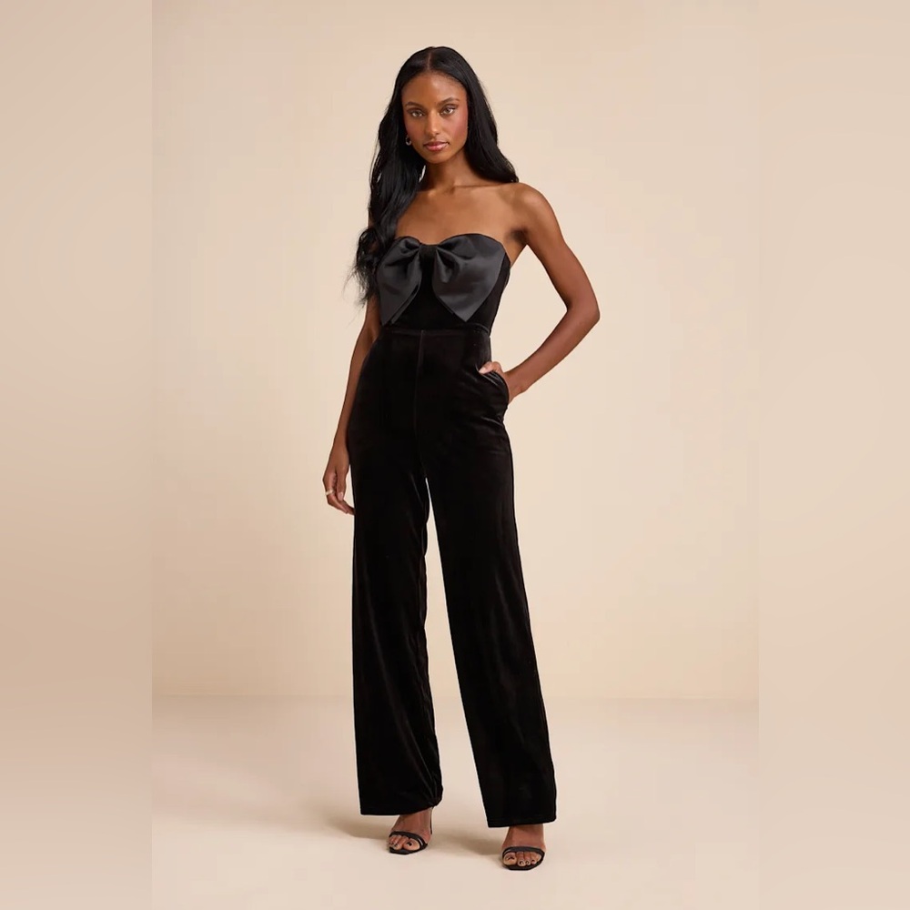 Lulus Prudence Black Velvet Bow Straight Leg Jumpsuit - Size M